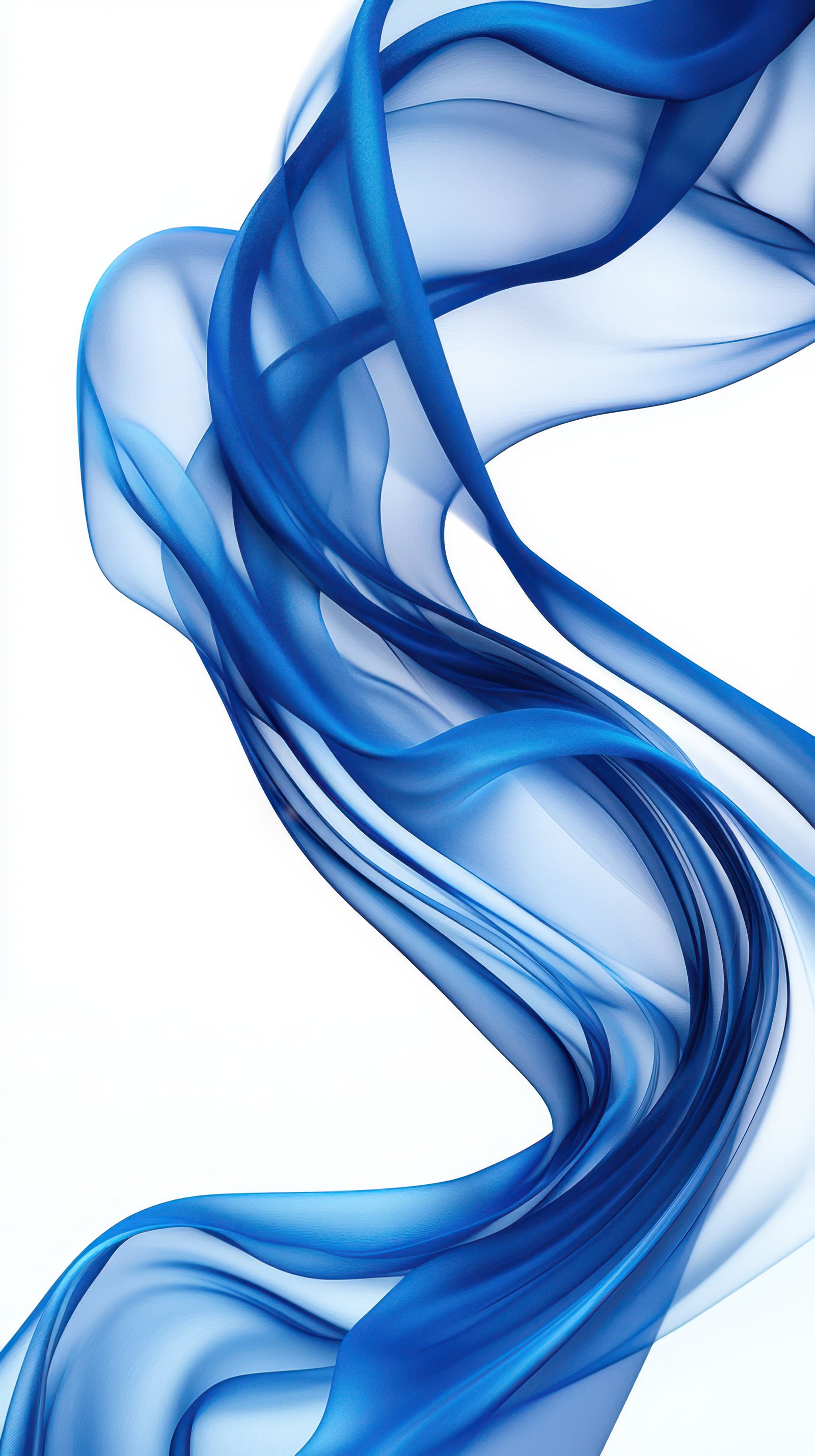 Flowing blue fabric creates elegant waves and soft textures against a white background, highlighting its graceful movement and lightness